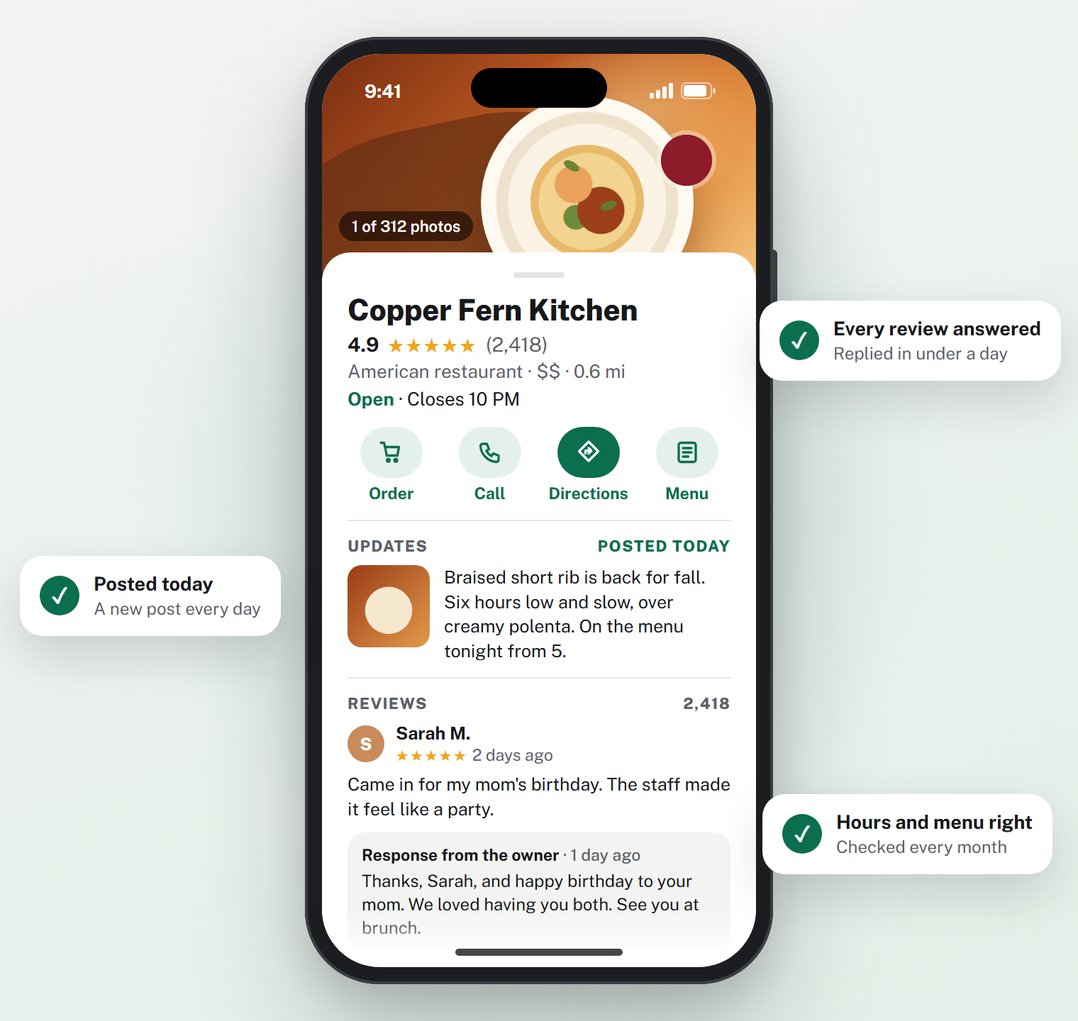 A phone showing a restaurant's Google listing: 4.9 stars on 2,418 reviews, a post from today, an owner reply under a review, open hours, and Order, Call and Directions buttons.
